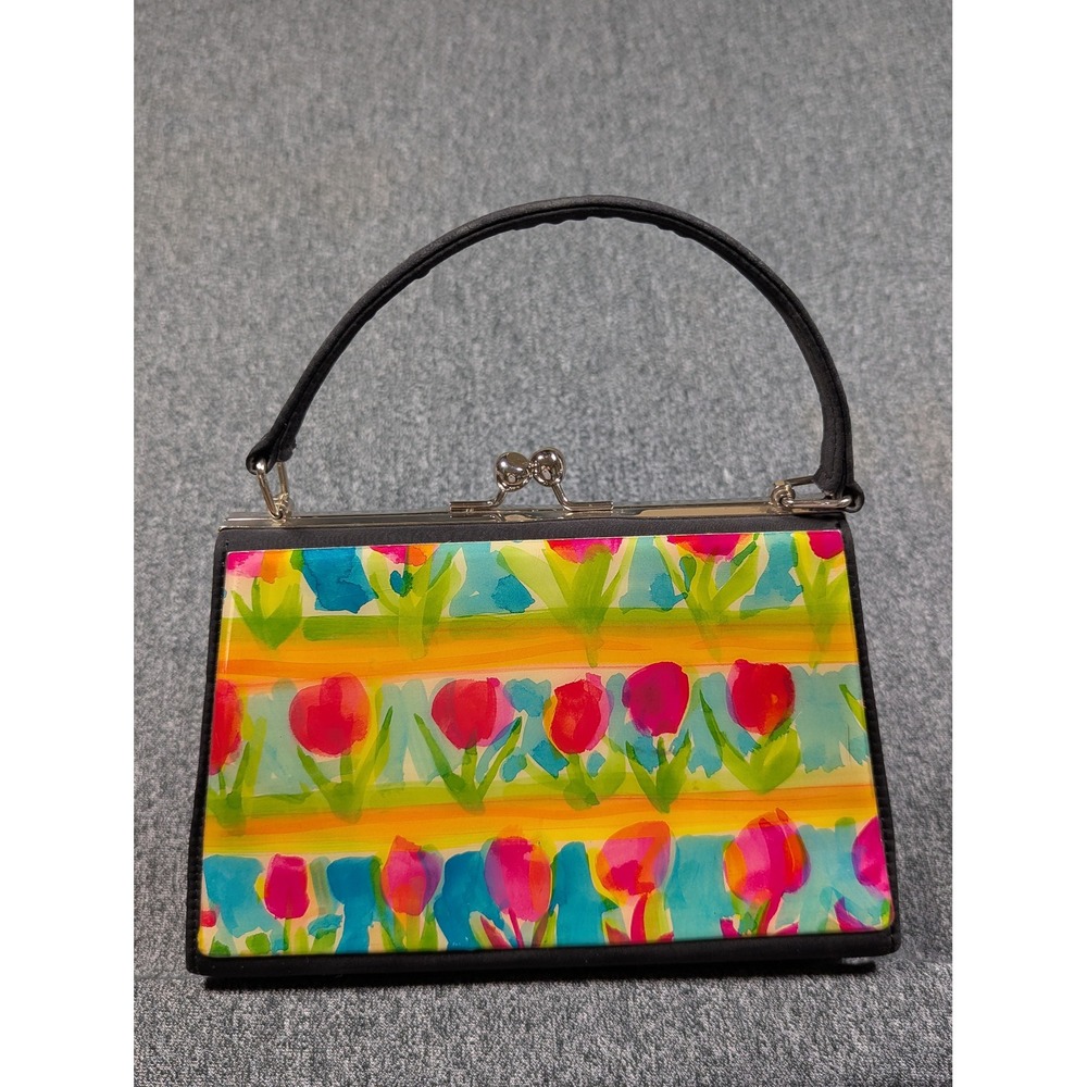 Angela Frascone Floral Tulip Kiss Lock Frame Bag Black Watercolor Top Handle